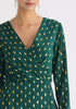 Gold Foil Print Mini Wrap Dress with Slit in Dark Green and Gold Close Up