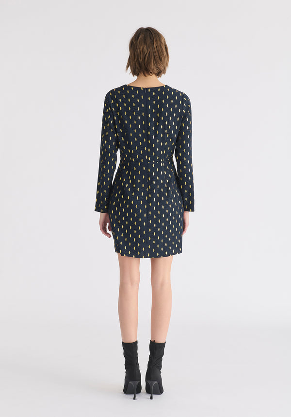 Gold Foil Print Mini Wrap Dress with Slit in Navy and Gold Back