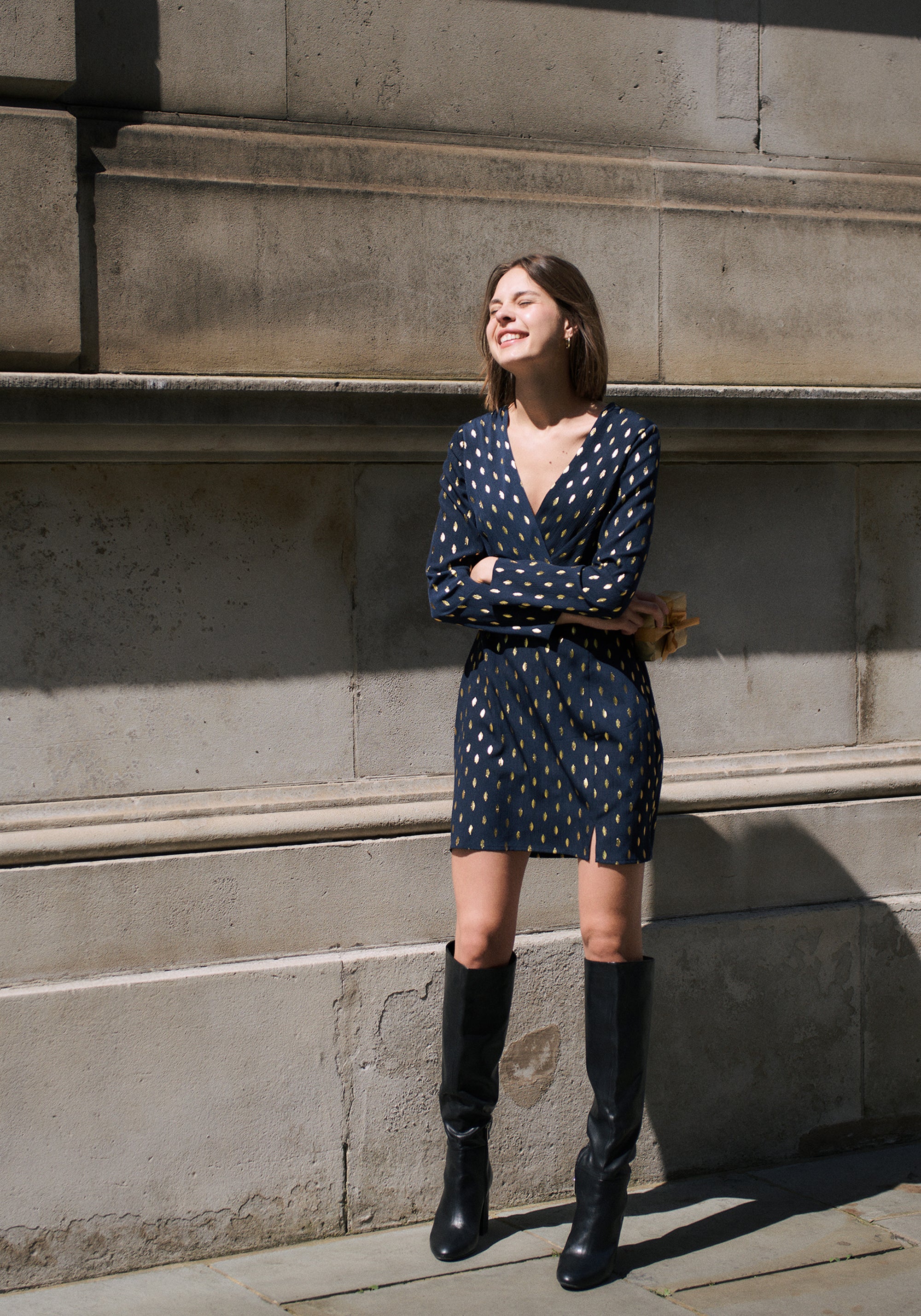 Gold Foil Print Mini Wrap Dress with Slit in Navy and Gold