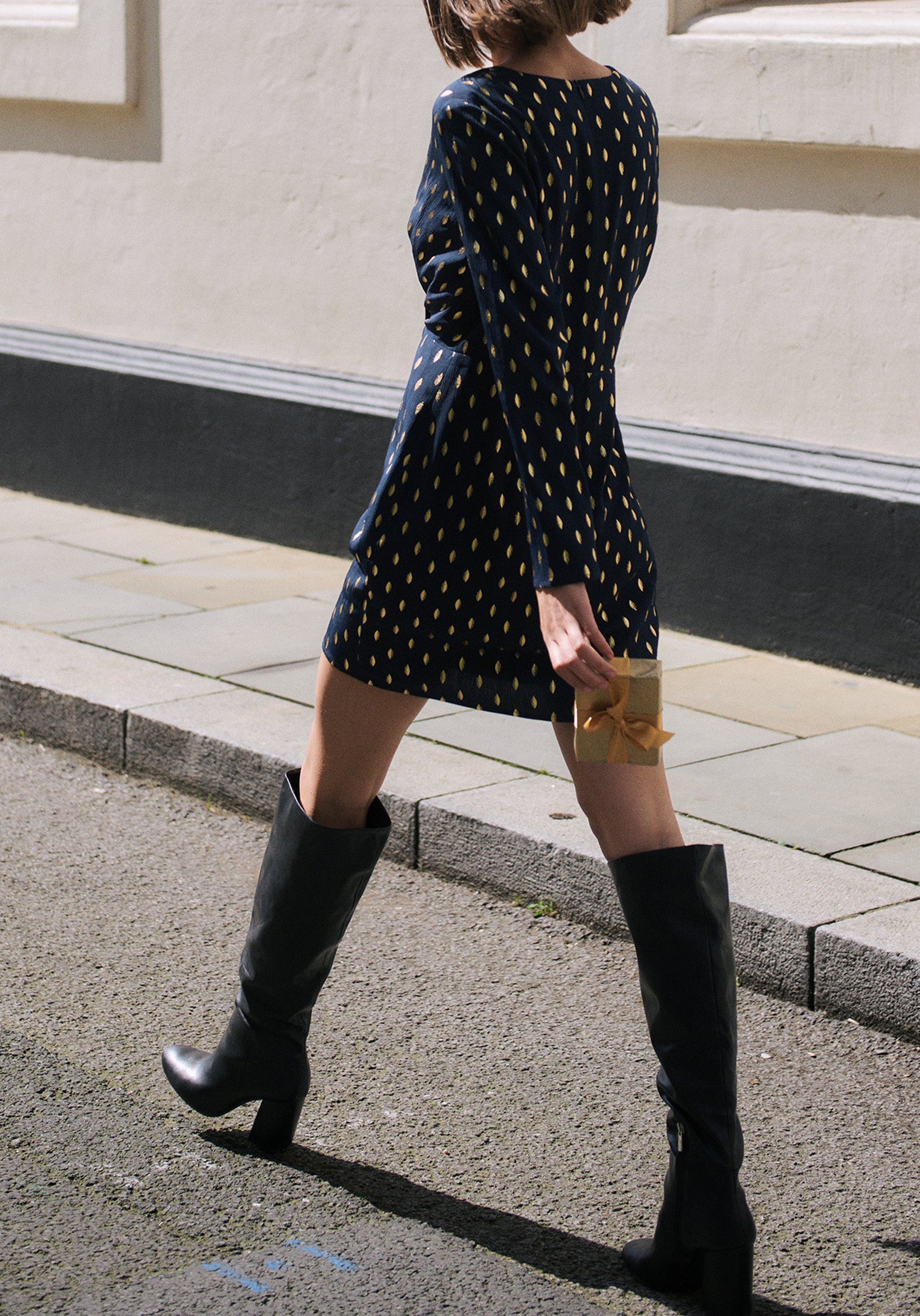 Gold Foil Print Mini Wrap Dress with Slit in Navy and Gold Back