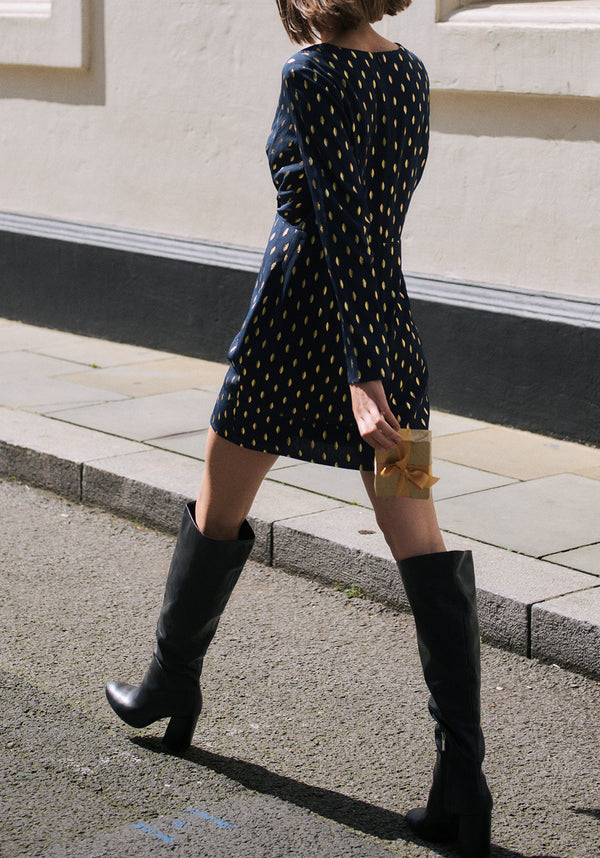 Gold Foil Print Mini Wrap Dress with Slit in Navy and Gold Back