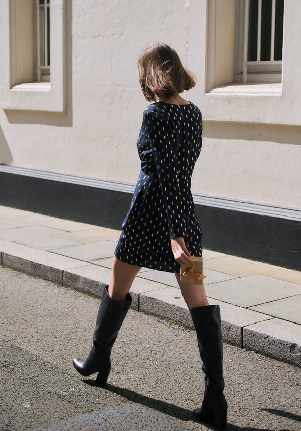 Gold Foil Print Mini Wrap Dress with Slit in Navy and Gold Back