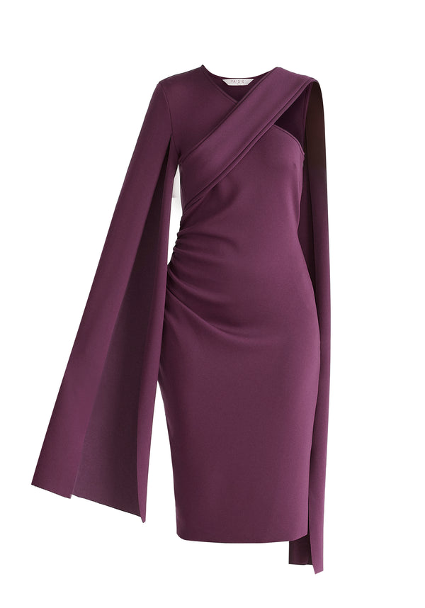 Asymmetric Draped Cape Sleeve Dress in Midnight Plum in Midnight Plum