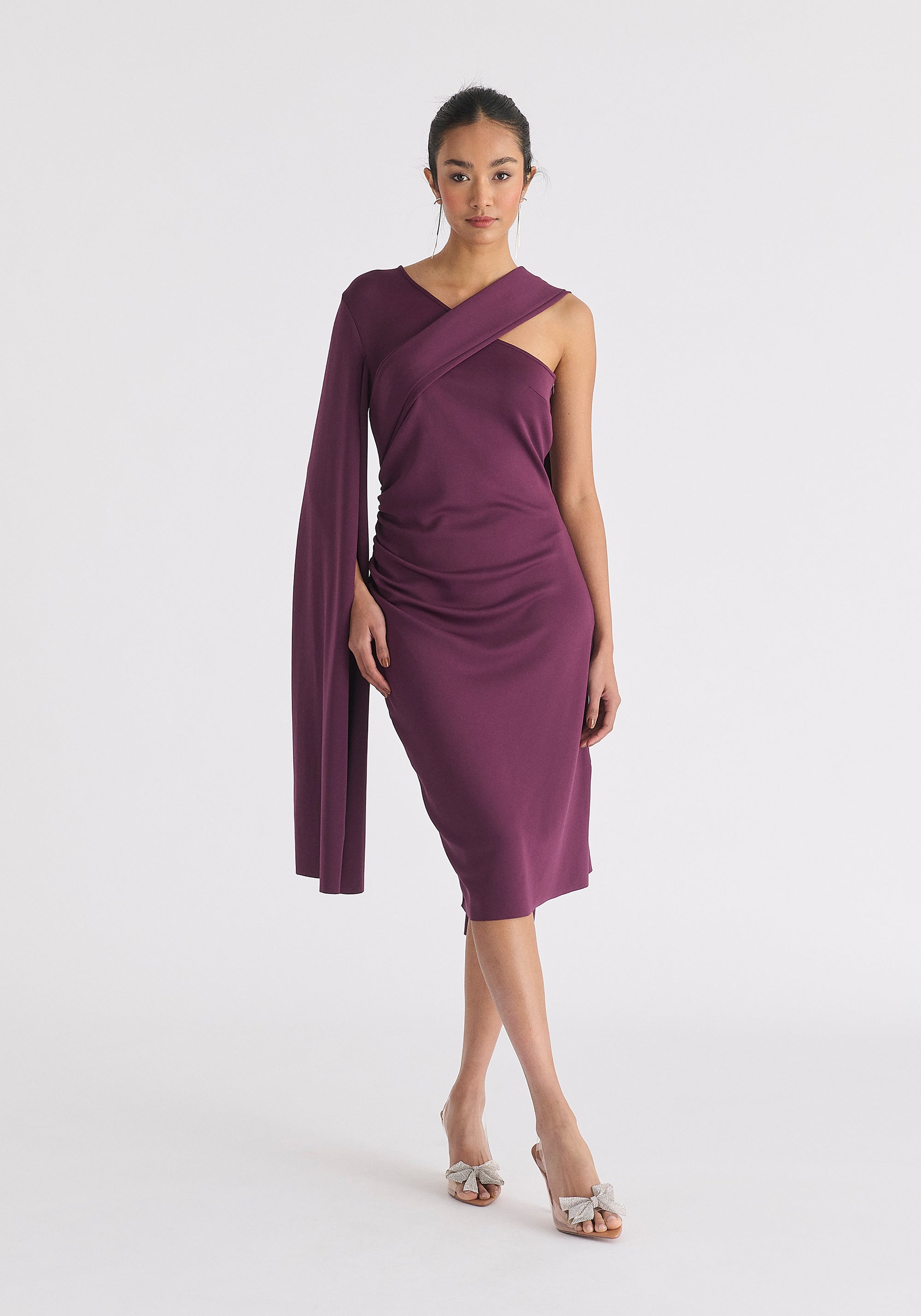 Asymmetric Draped Cape Sleeve Dress in Midnight Plum