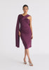 Asymmetric Draped Cape Sleeve Dress in Midnight Plum