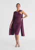 Asymmetric Draped Cape Sleeve Dress in Midnight Plum