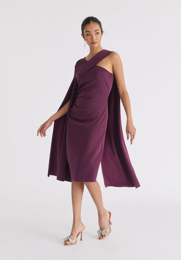 Asymmetric Draped Cape Sleeve Dress in Midnight Plum