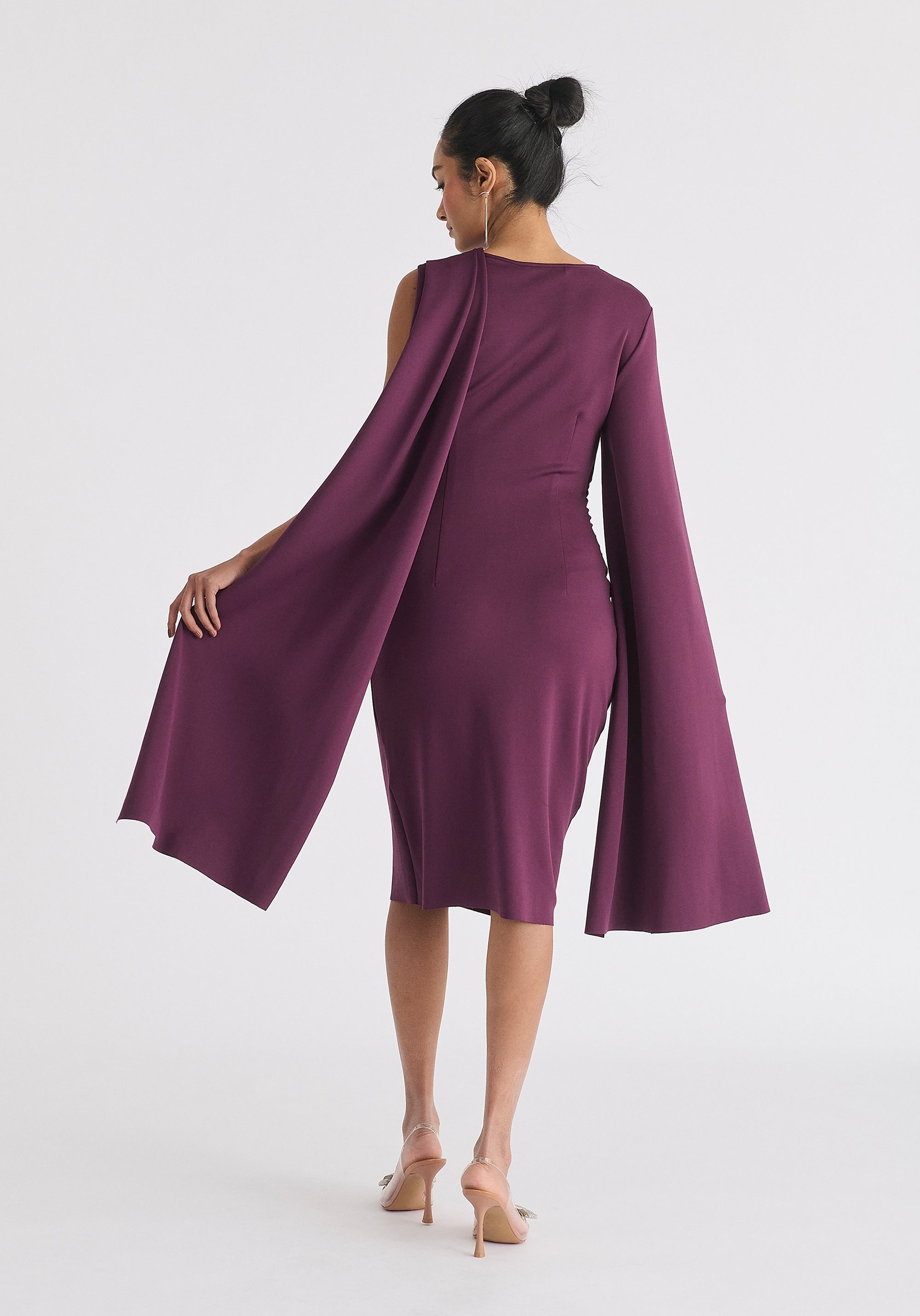 Asymmetric Draped Cape Sleeve Dress in Midnight Plum Back