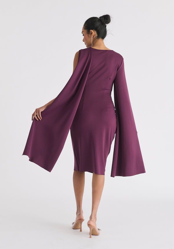 Asymmetric Draped Cape Sleeve Dress in Midnight Plum Back