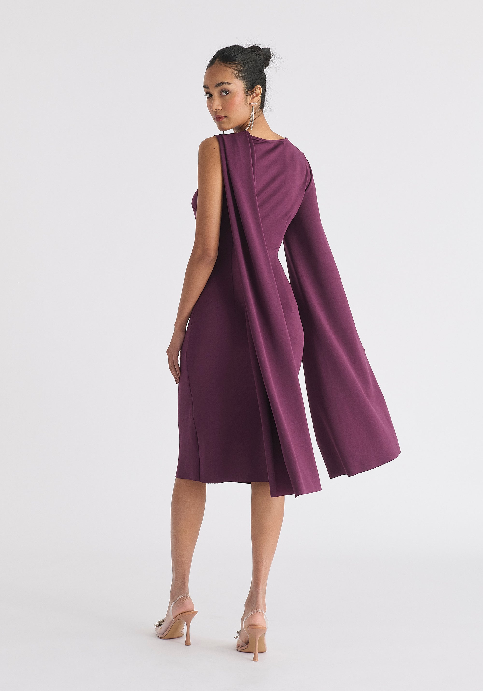 Asymmetric Draped Cape Sleeve Dress in Midnight Plum Back