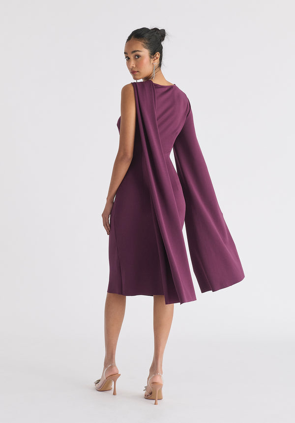 Asymmetric Draped Cape Sleeve Dress in Midnight Plum Back