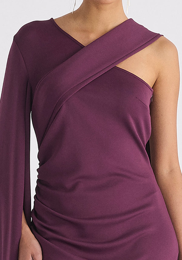 Asymmetric Draped Cape Sleeve Dress in Midnight Plum Close Up