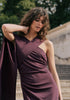 Asymmetric Draped Cape Sleeve Dress in Midnight Plum