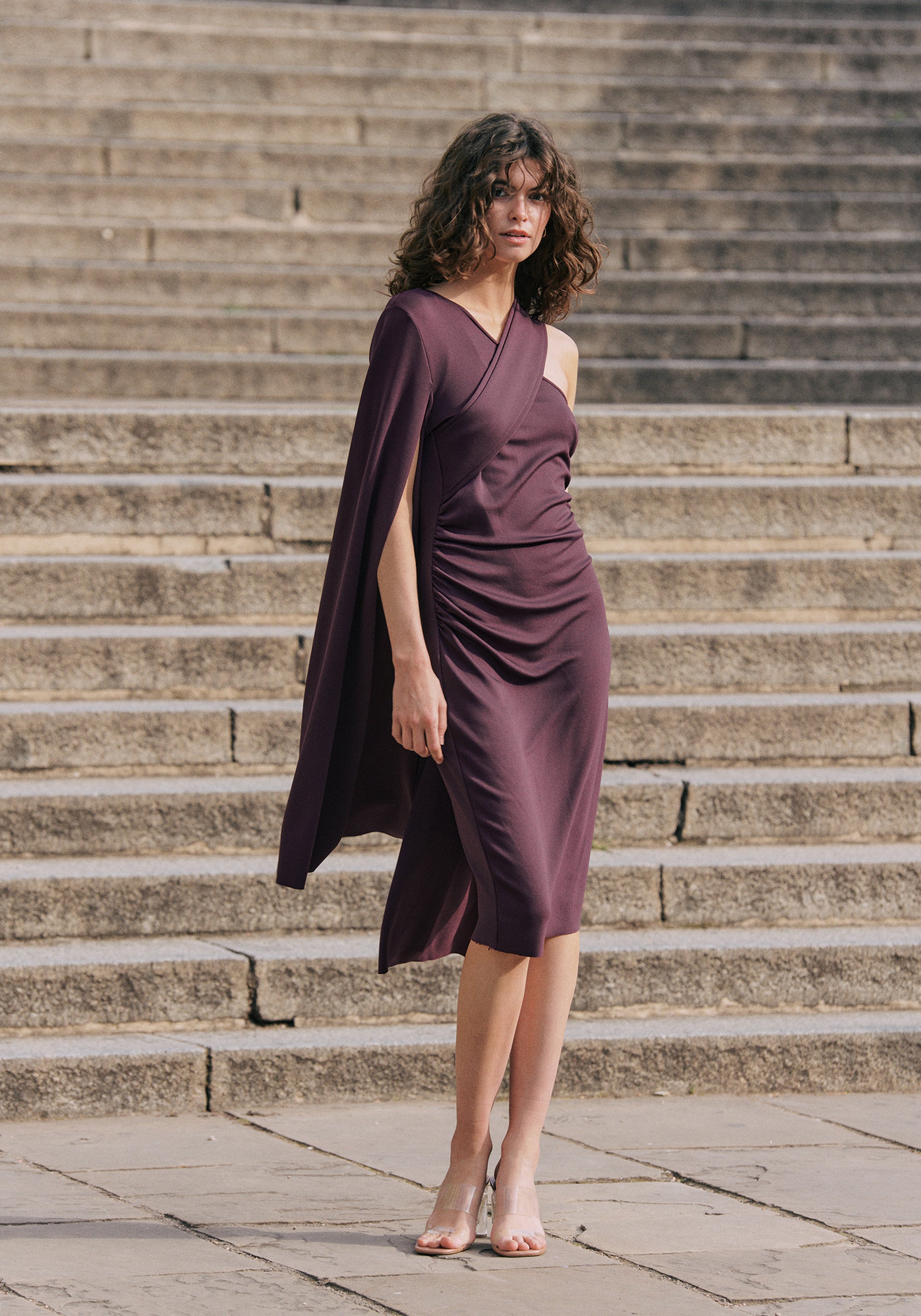Asymmetric Draped Cape Sleeve Dress in Midnight Plum