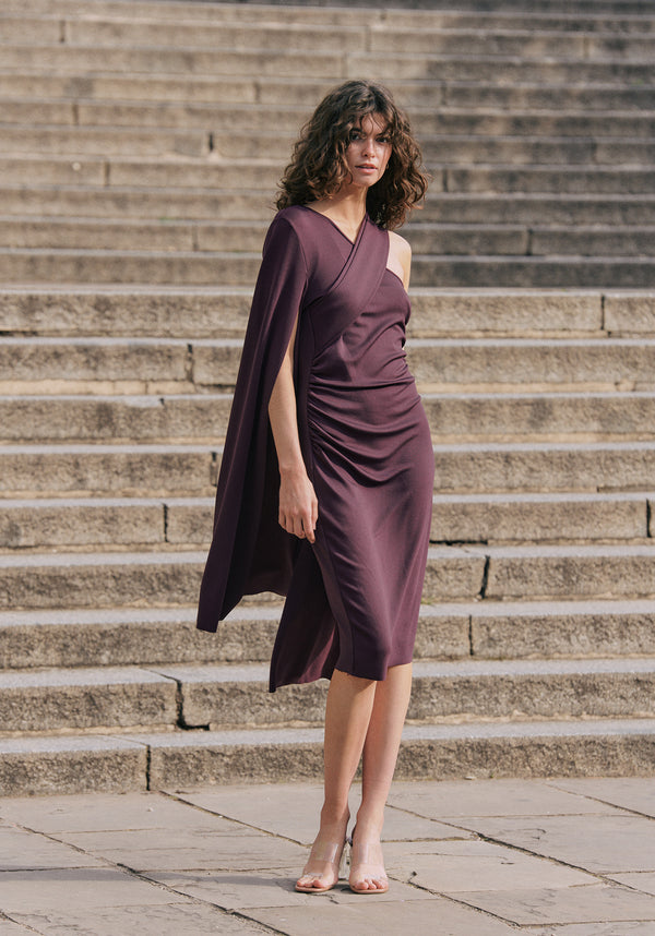 Asymmetric Draped Cape Sleeve Dress in Midnight Plum