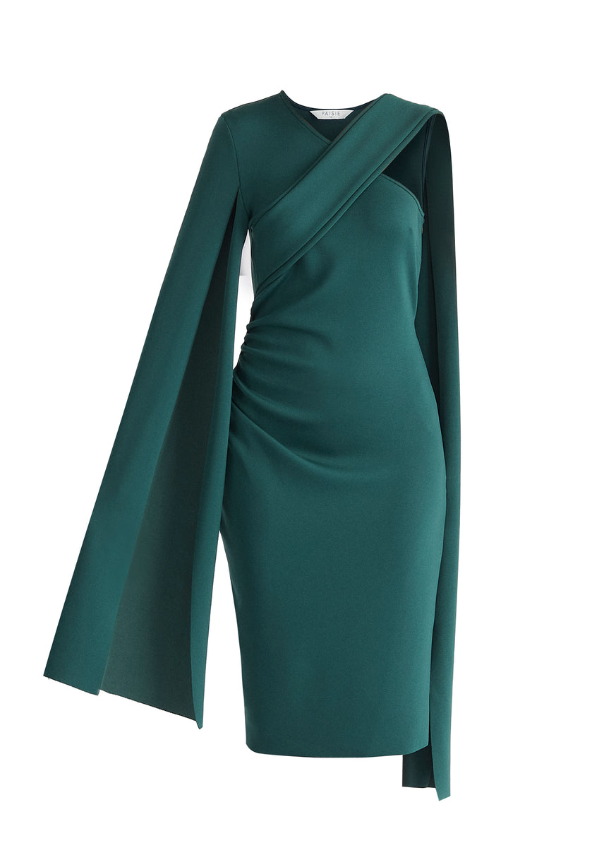 Asymmetric Draped Cape Sleeve Dress in Green