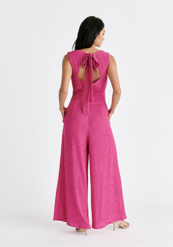 Textured Back-Tie Jumpsuit in Pink Back