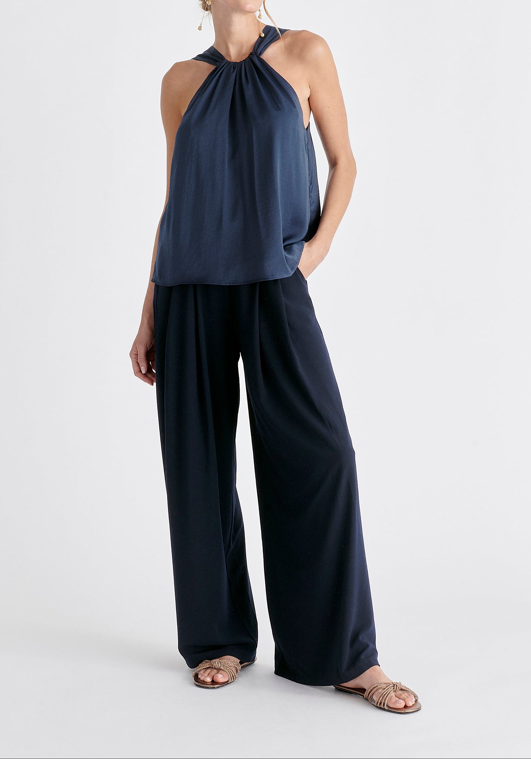 Belted Halterneck Blouse in Navy