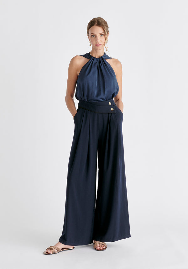 Belted Halterneck Blouse in Navy
