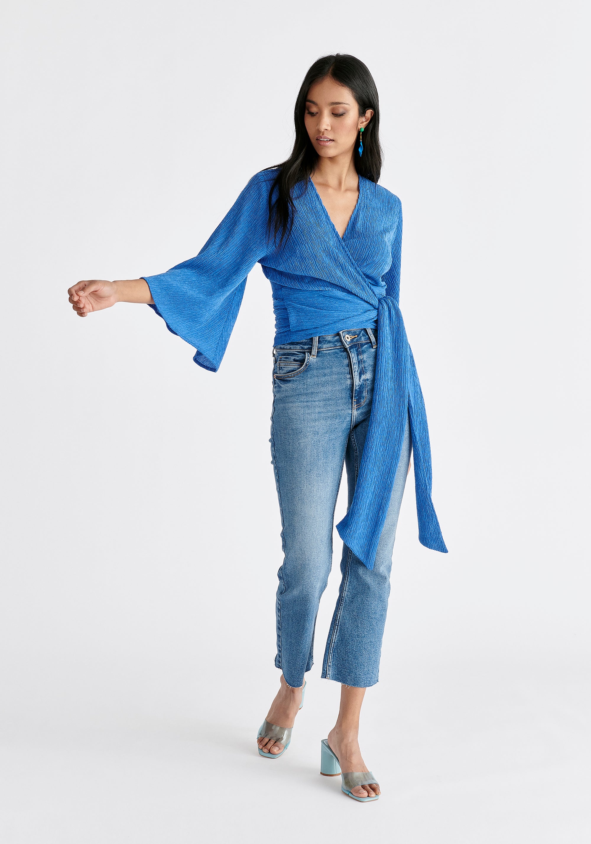 Textured Wrap Kimono Blouse in Blue