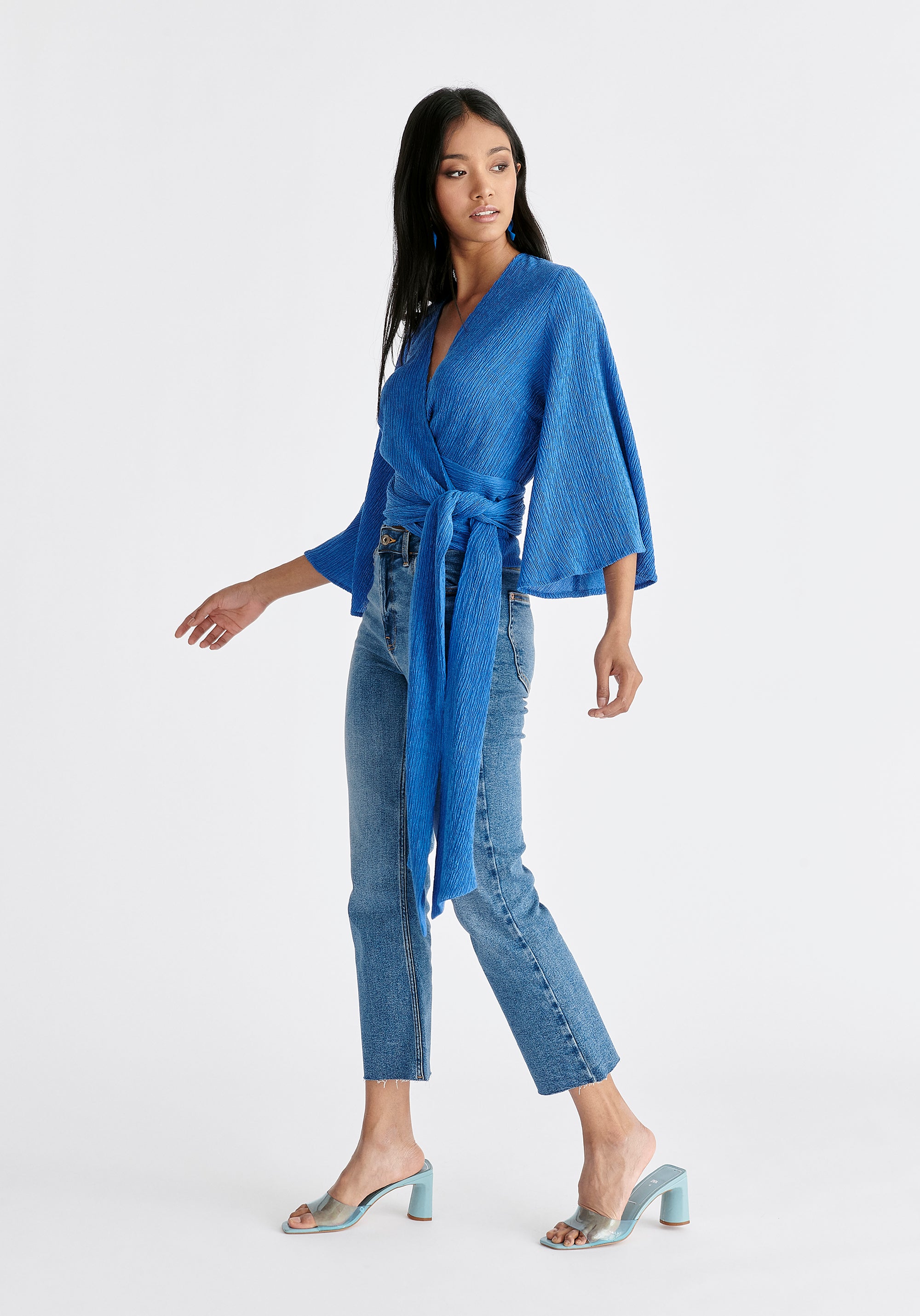 Textured Wrap Kimono Blouse in Blue Side