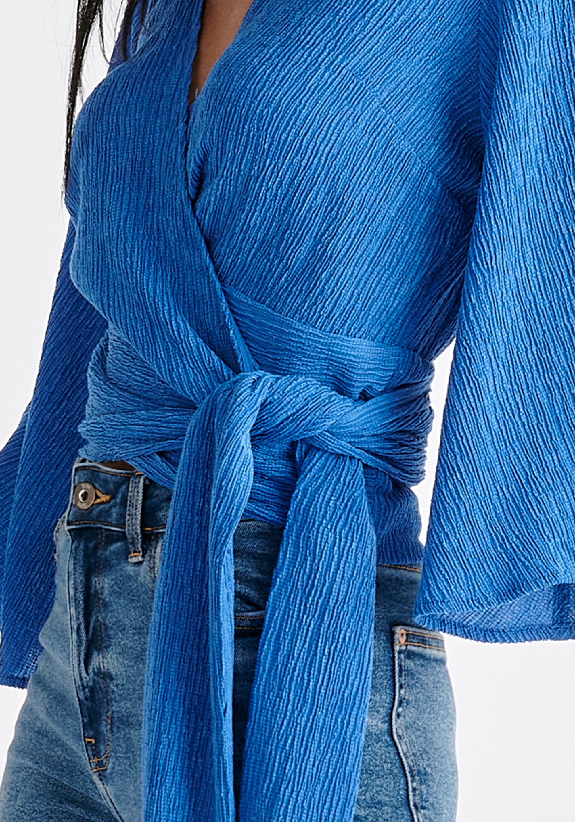 Textured Wrap Kimono Blouse in Blue Close Up