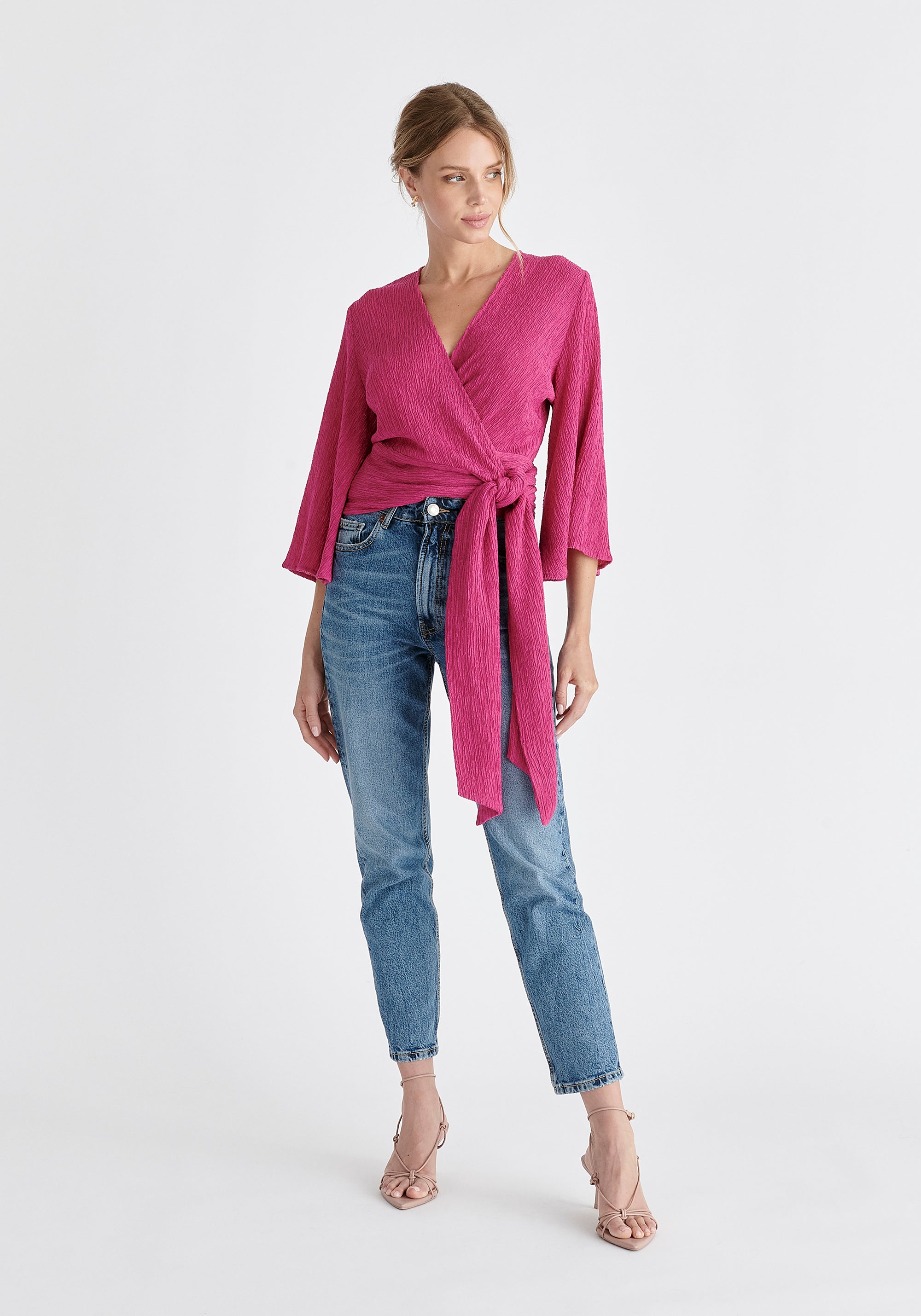 Textured Wrap Kimono Blouse in Pink