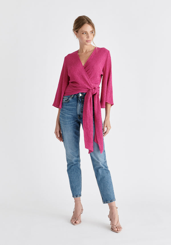 Textured Wrap Kimono Blouse in Pink