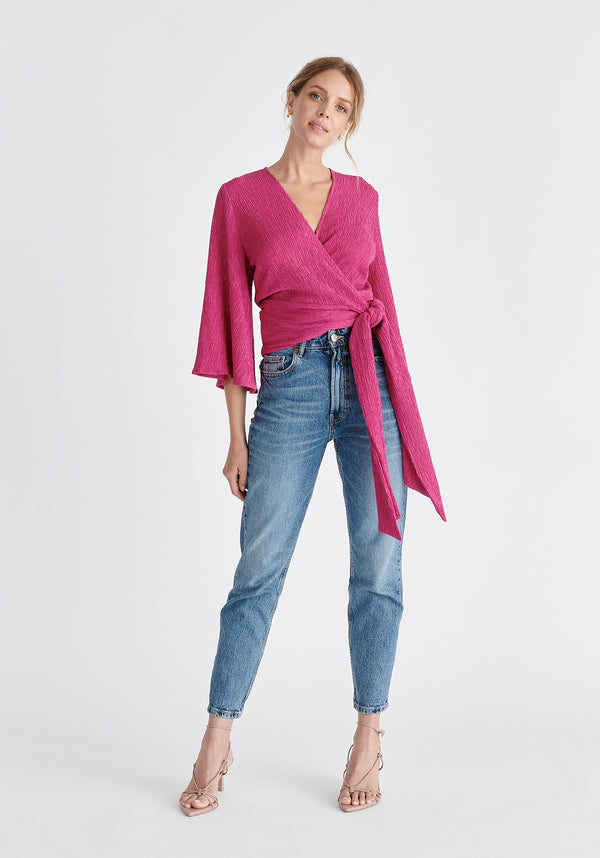 Textured Wrap Kimono Blouse in Pink