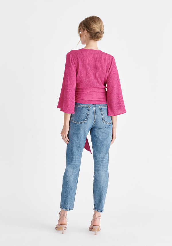 Textured Wrap Kimono Blouse in Pink Back