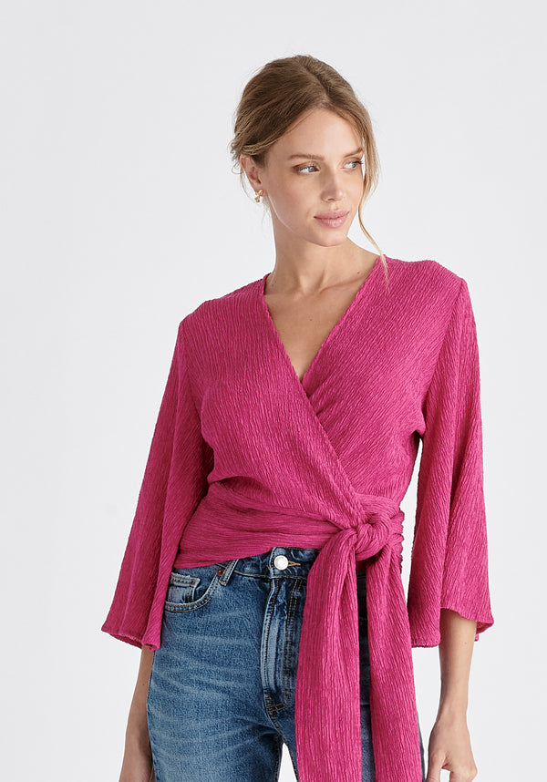 Textured Wrap Kimono Blouse in Pink