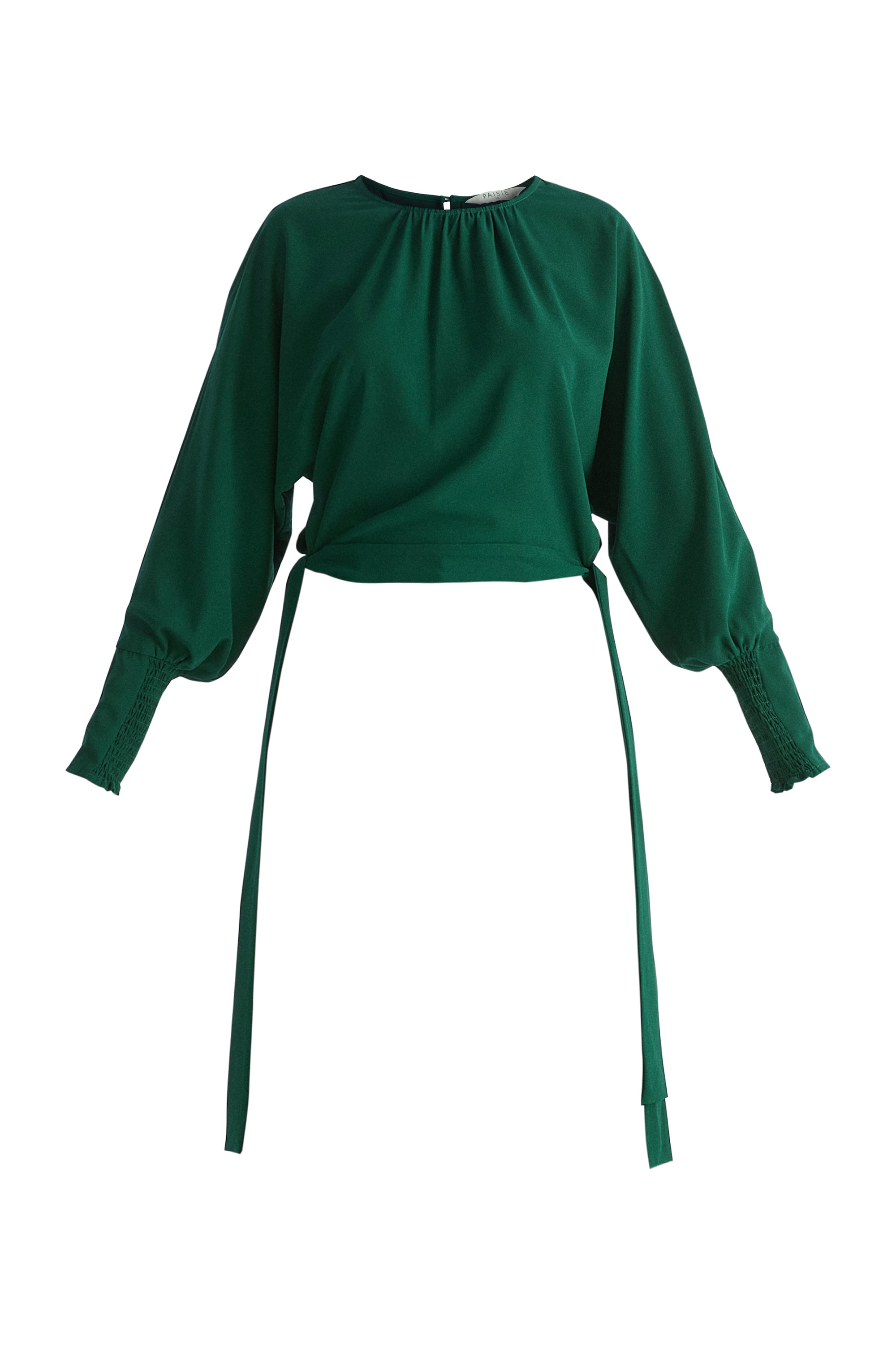 Waist Tie Top with Shirred Cuffs in Dark Green Cut Out