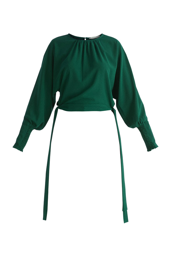 Waist Tie Top with Shirred Cuffs in Dark Green Cut Out