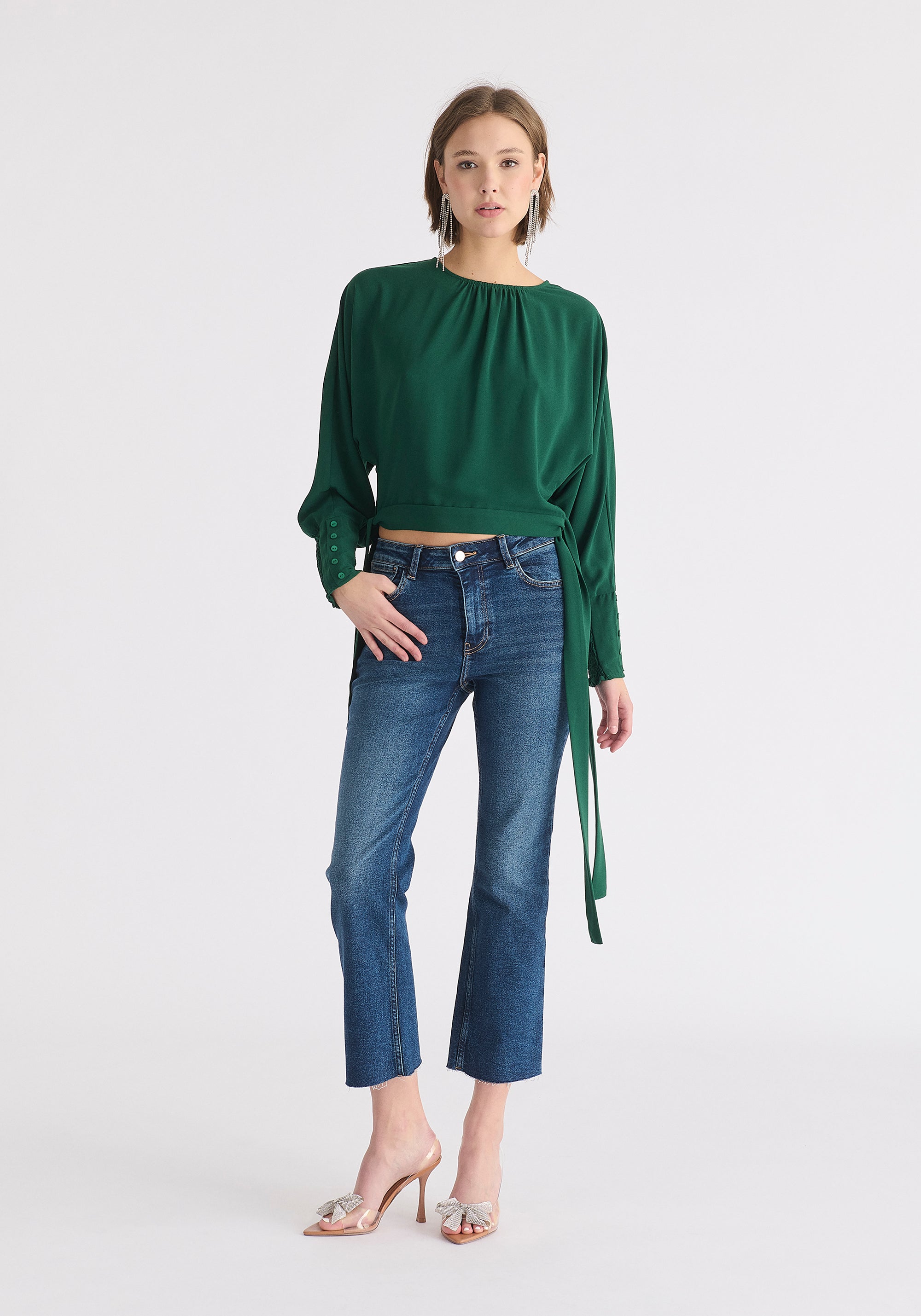 Waist Tie Top with Shirred Cuffs in Dark Green