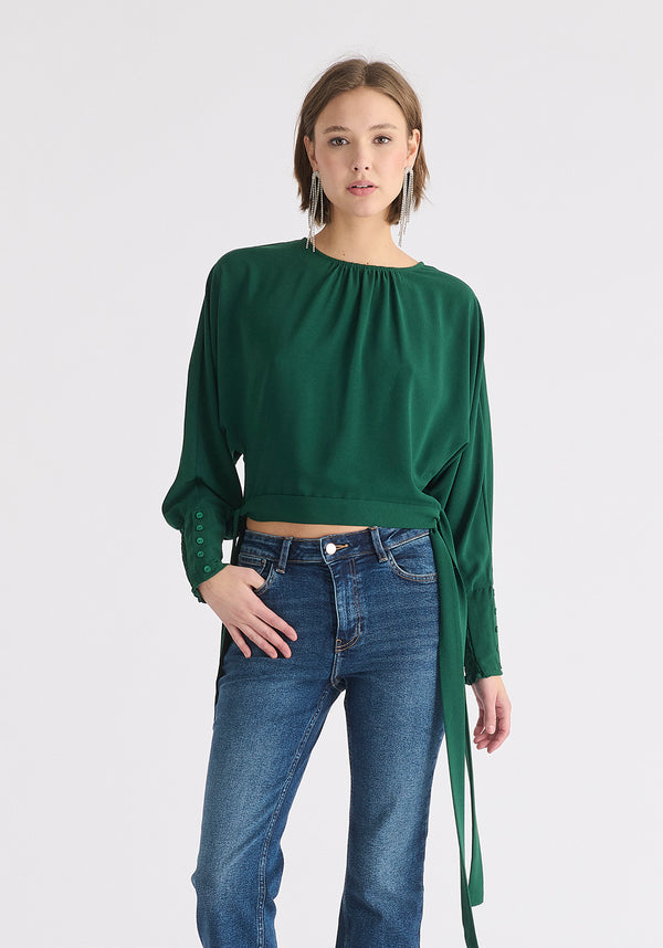 Waist Tie Top with Shirred Cuffs in Dark Green
