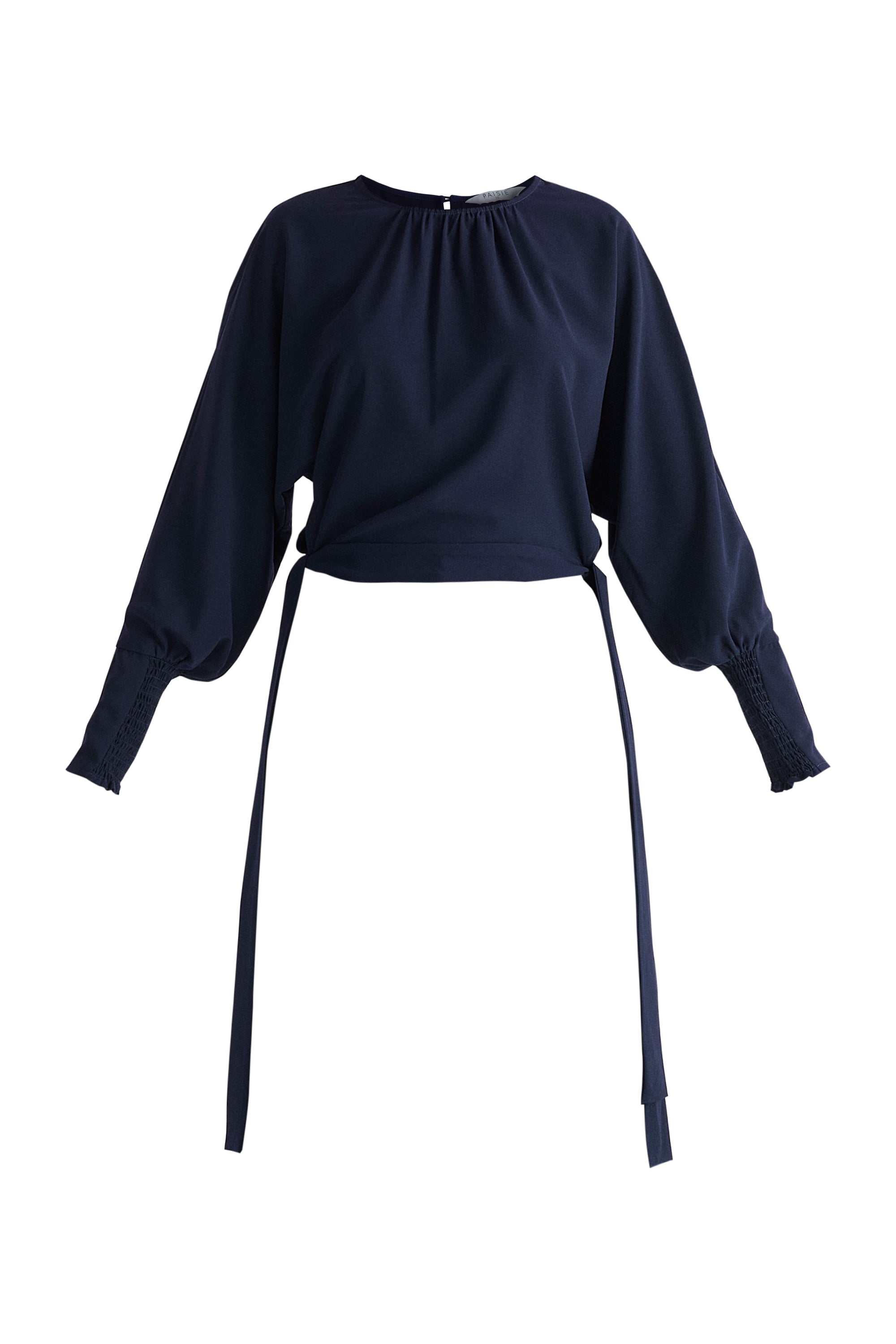 Waist Tie Top with Shirred Cuffs in Navy Cut Out
