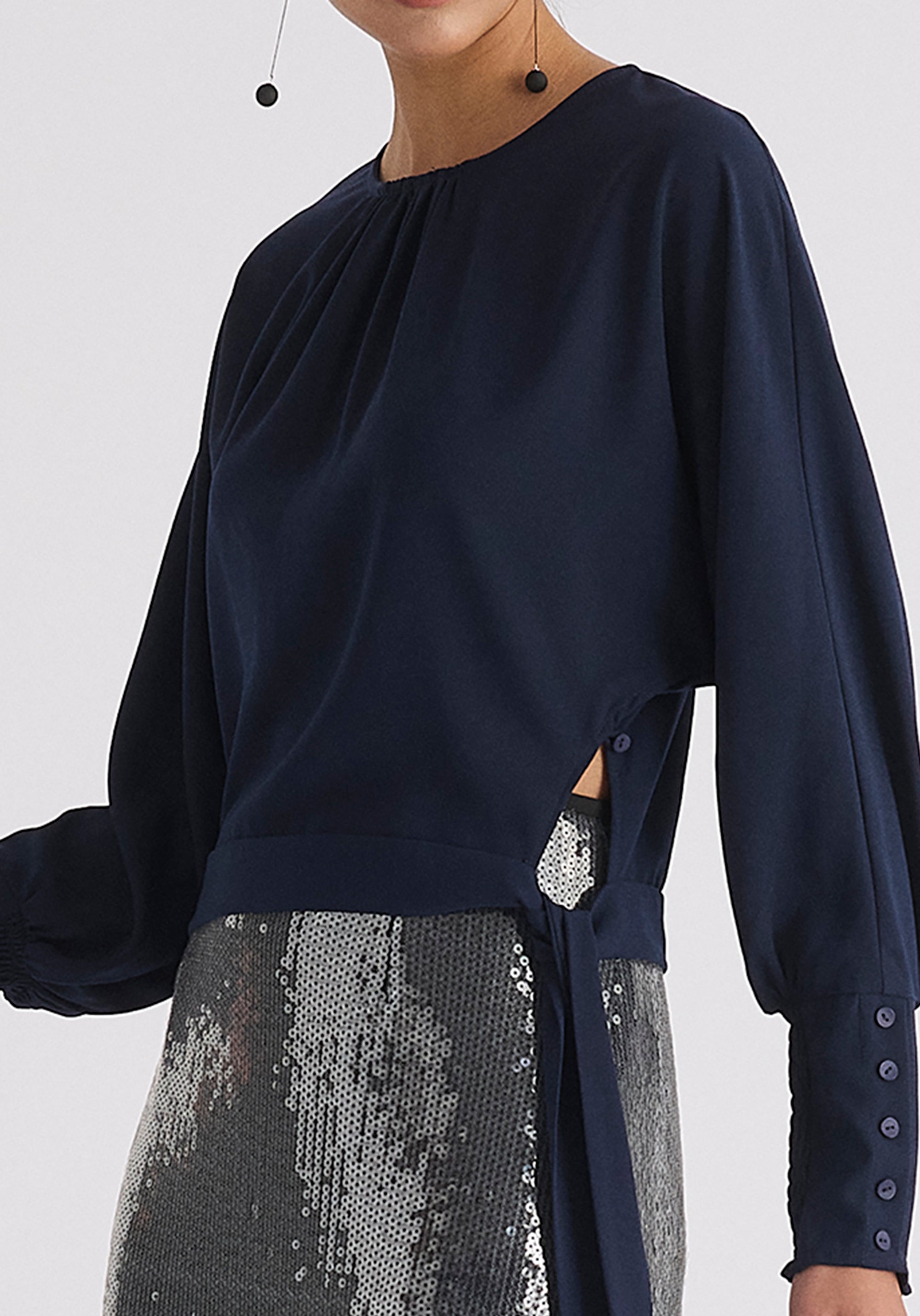 Waist Tie Top with Shirred Cuffs in Navy Close Up