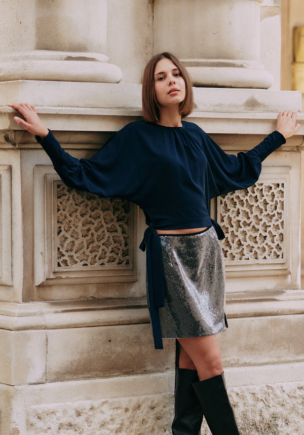 Waist Tie Top with Shirred Cuffs in Navy Front