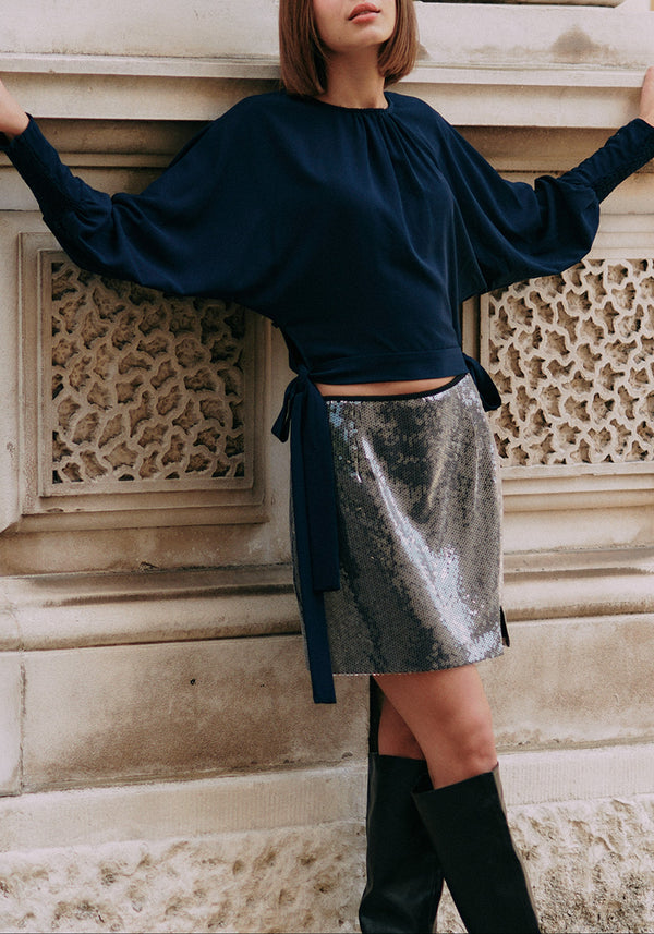 Waist Tie Top with Shirred Cuffs in Navy Front