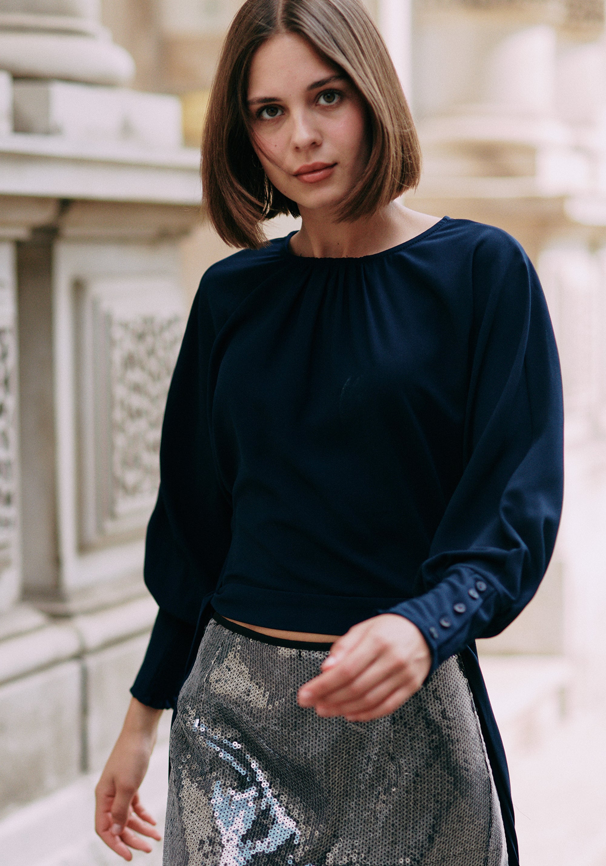 Waist Tie Top with Shirred Cuffs in Navy