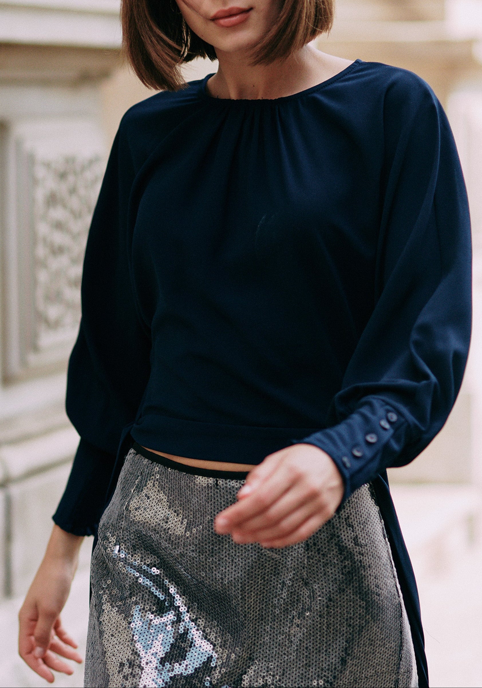 Waist Tie Top with Shirred Cuffs in Navy