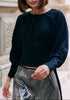 Waist Tie Top with Shirred Cuffs in Navy