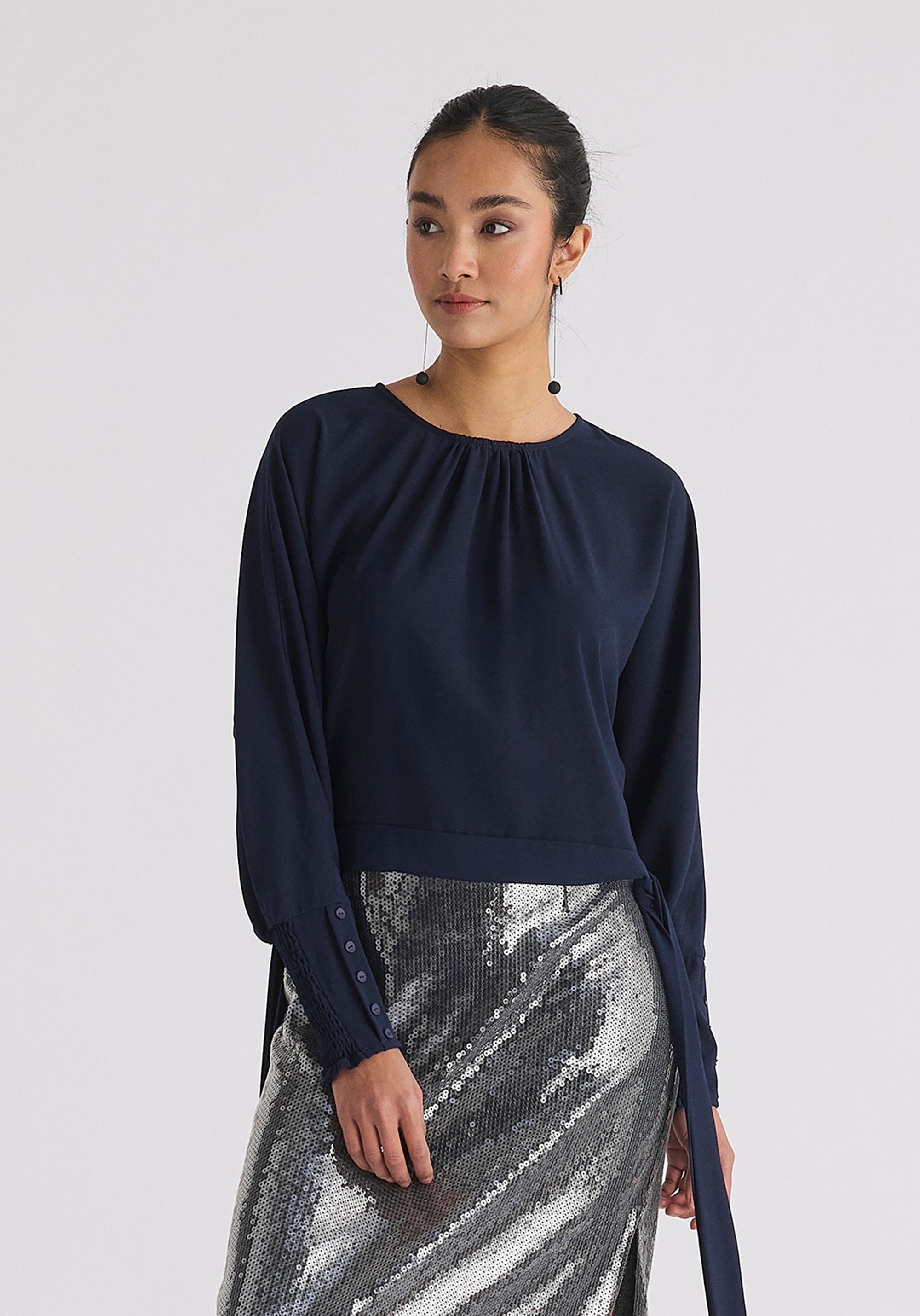 Waist Tie Top with Shirred Cuffs in Navy