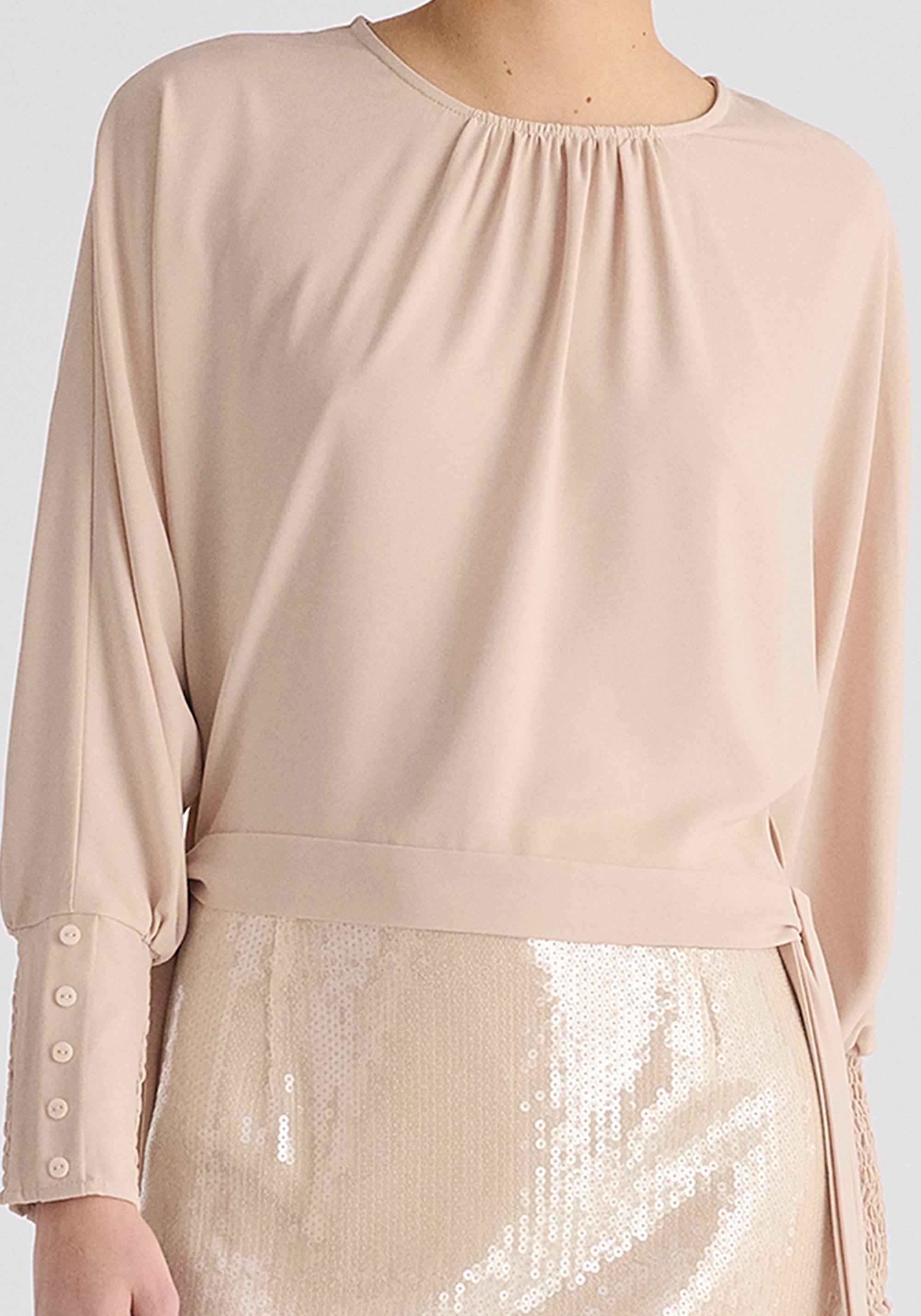 Waist Tie Top with Shirred Cuffs in Cream Close Up