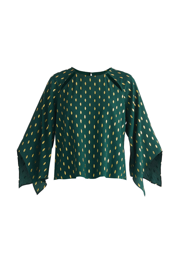 Gold Foil Print Cut-Out Draped Sleeve Top in Dark Green and Gold Cut Out