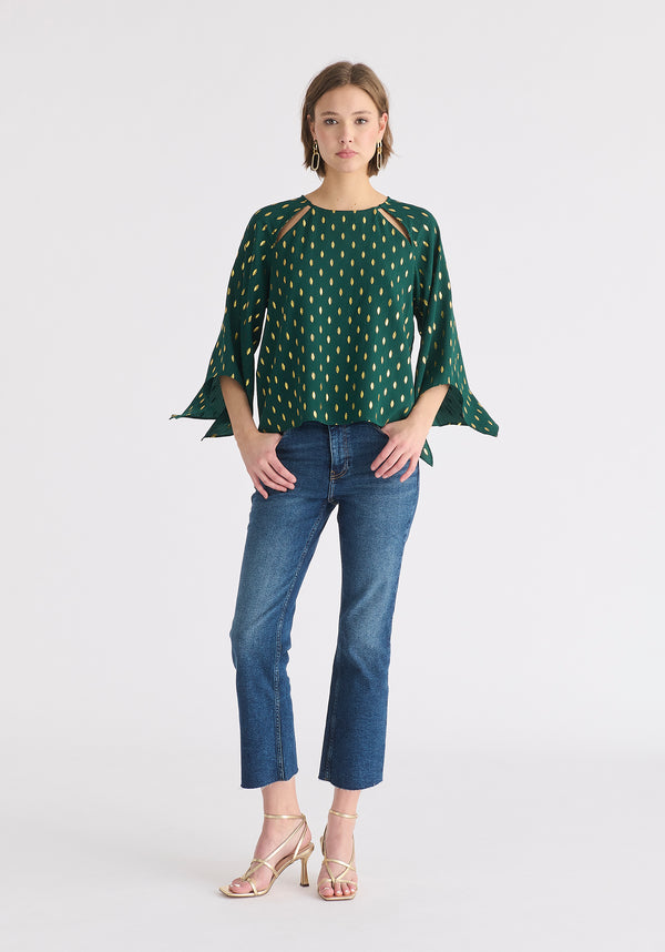 Gold Foil Print Cut-Out Draped Sleeve Top in Dark Green and Gold