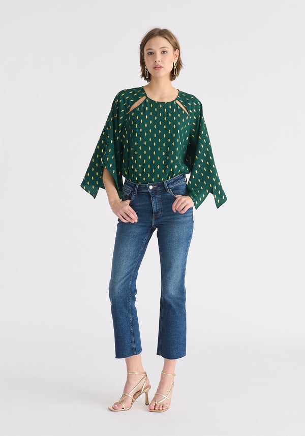 Gold Foil Print Cut-Out Draped Sleeve Top in Dark Green and Gold