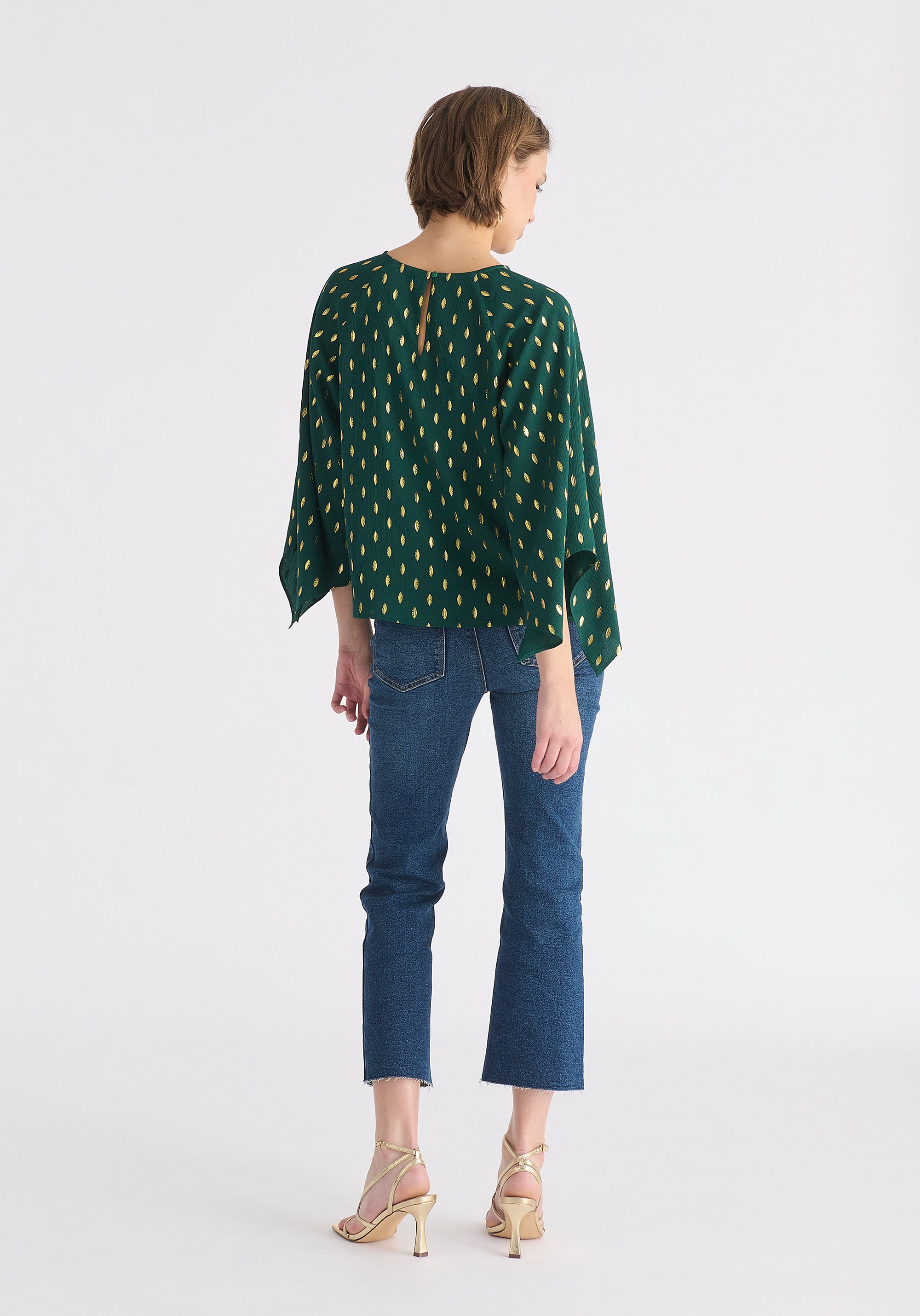 Gold Foil Print Cut-Out Draped Sleeve Top in Dark Green and Gold Back