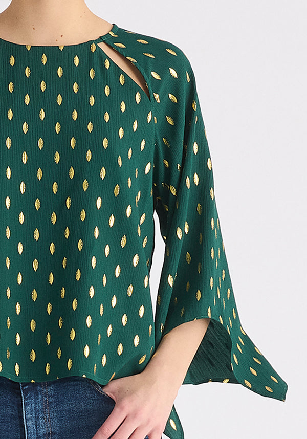 Gold Foil Print Cut-Out Draped Sleeve Top in Dark Green and Gold Close Up