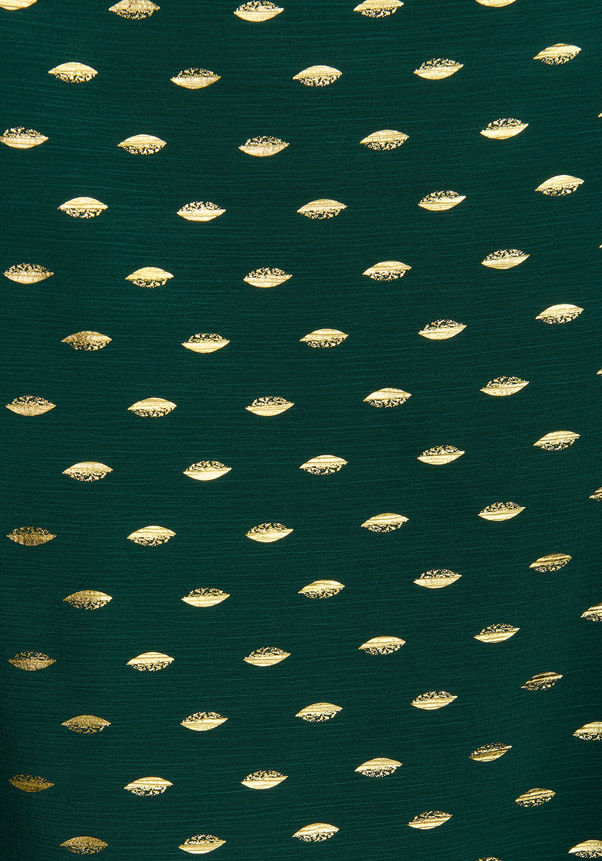 Gold Foil Print Cut-Out Draped Sleeve Top in Dark Green and Gold Close Up